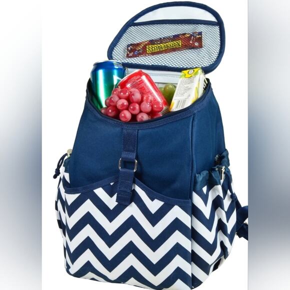 Insulated Backpack Cooler Picnic at Ascot Original Blue and White Chevro… - Picture 1 of 13